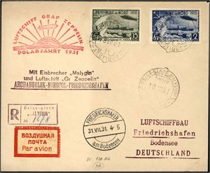 403 B,405 B. Russia. 35 K and  2 R 1931, both unperfed on registered envelope, cancelled "Brise Glace Malyguin 18.3.31 " and sent by "Graf Zeppelin Polarfahrt 1931".