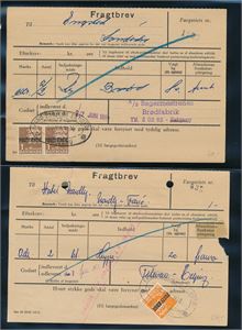DANMARK-POSTFÆRGE 6 fragtbrev med postfærge-merker 50-60-tallet