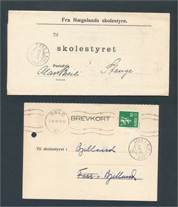 Skoleberetning og brevkort stemplet med 2 ulike stempler "FOSS I BJELLAND 1905/1949"
