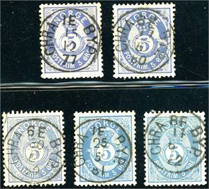 24 Ia,IIa,IIIa,IIIb,IIIbb. Fem 5 øre skravert posthorn, alle rettvendt fullstemplet "Chra Byp." i perioden 1877-1882.