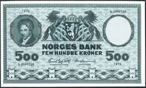 500 kroner 1976, serie G.2009720. Erstatningsseddel. Meget pen. 01