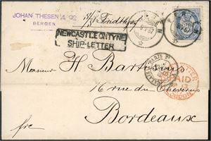 54 I. 20 øre 20 mm på konvolutt, stemplet "Bergen 9.4.87" og sendt til Bordeaux. Ved siden påskrevet "S/S Fridthjof", "Newcastle On Tyne Ship-Letter", "London Paid" (i rødt) samt "Calais A Paris 13 Avril 87". Baksiden med "Newcastle-on-Tyne" og ankomststempel.