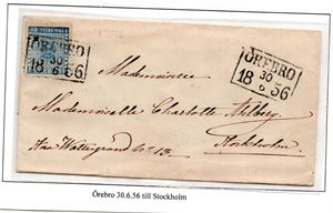F2 4 skill b:co på brev med fyrkantstämpel ÖREBRO 30-6-1856, felvänt märke