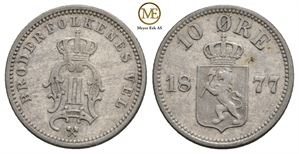 10 øre 1877 Oscar II. Kv.1/1+