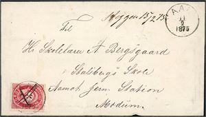18. 3 skilling Posthorn på konvolutt, annullert med blekkryss samt stemplet "Aal 11.2.1875" og ved siden håndskrevet "Heggen 15/2 75".
