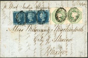 14,55. GB. 2/6 postage to Mexico. 2d in a horizontal strip of three together with a pair of 1/- Embossed on complete letter , cancelled 50" and sent with British Packets from Falmouth or Southampton. "Liverpool Fe 1 1850" cds at reverse. A vertical crease goes between the two Embossed, but through the left stamps.