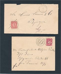 TRØNDELAG 2 brev stemplet "OPDAL 3-10-1890" og "LEVANGER 28-IV-97". Ikke pene bak