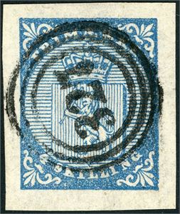 1. 4 skilling våpen 1855, anert med nummerstempel "327" (Vaagen, NO, 5 pkt). Meget gode marger.