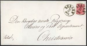 15. 8 skill 8 på dobbeltvektig brevomslag, pent stemplet "Bergen 26.11.1868".
