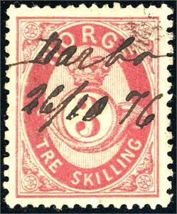 18 a. 3 skilling Posthorn, anert med håndskrevet "Darbo 26/10 76".