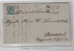 F2f 4 skill b:co på brev med fyrkantstämpel PHILIPSTAD 8.9.1857, intyg, H.O.W, " mycket gott exemplar" 3,3,3,4
