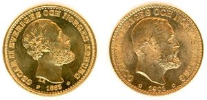Sverige. To stk 10 kronor i gull. Hhv. fra 1883 og 1901. (Totalt 8.96/09). 0/01