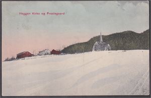 Heggen Kirke og Prestegaard (Bu) kolorert kort NLR-107-08 stemplet Aamot paa Modum