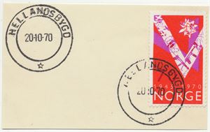 Hjelpestempel HELLANDSBYGD (RO) HJ-IIA 20-10-70 på klipp med NK 653. Meget pene avtrykk.