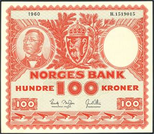 100 kroner 1960, serie H.1519015. 2