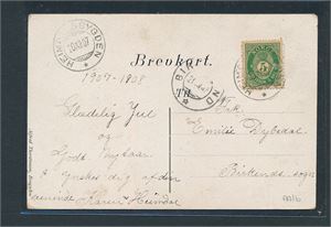 Brevkort stemplet "HEIMDALSBYGDEN 20 XII 07" (Grad 6). Ankomst "BIRKELAND 21 XII 07"