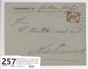 Aalesund Bypost nr 2.  3 øre brun på BREV stemplet Aalsunds Bypost 21-I-188x, sendt til Stud. Med G. Walter, Aalesund.  Connossemt pr. "Haakon Jarl".  Svakt blått st. Artur Møller Damskipseksp."  på fremsiden.