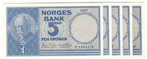 5 kroner 1957 F.1504274-80 i seier. 7 stk. Usirkulert med noen anm. Ca. Kv.0/01