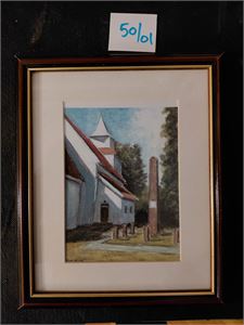 KUNST Fjære Kirke (Tor Bent Hjembo 1951-2017). Ferdig innrammet 23 x 28 cm