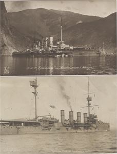 Skip.  2 kort  "Oldenburg" i Lærdalsosen, og "Britiske flåte" i Kristiania Hrbour.  Førstnevnte skrevet om bord i 1914.  Det andre st. Bestum 1910.