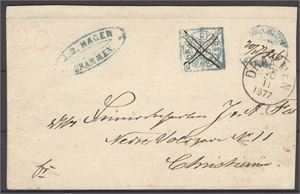 Bypost Drammen Dr 1 Brev 1 baz  stemplet 20/11-77 og sidest. Drammen 20-11-1877   På høyre side av brevet kuttet av .