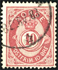 38 yX. 10 øre posthorn 1883 på Bentse-papir. Lettstemplet. Vm.st.1. Uttalelse Enger. (4.000,-).