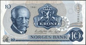 10 kroner 1981, serie HW 0282599. Erstatningsseddel. 0 *