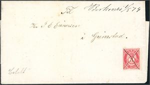 18 a. 3 skilling Posthorn på brevomslag, annullert med blekkryss og ved siden håndskrevet "Birkenæs 1/5 74". Baksiden transittstemplet "Grimstad 2.5.1874".