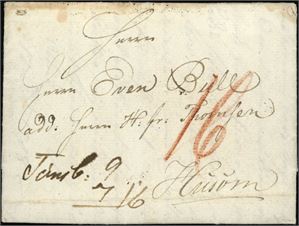 Komplett ubetalt blokkadebrev fra Tønsberg 17. desember 1808 og sendt til Husum, Danmark. Satt i porto med 16 Lsk. Baksiden påskrevet "11-9" i Norge og "9-16" i Danmark.