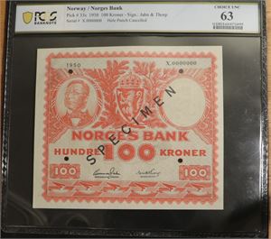 100 kroner 1950 Norge MS63 X0000000, SSS