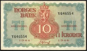 10 kroner London 1944, serie Y 646554. 01