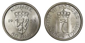 50 Øre 1953 Lite Myntmerke kv 0, sjelden