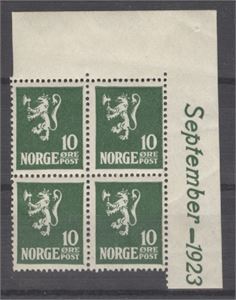 NK 126 ** hjørne 4-blokk med marg September 1923 prima tg.  (2100.-)