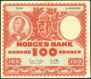 100 kroner 1959, serie G.2614268. 2