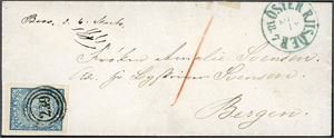 1. 4 skilling våpen 1855 på konvolutt, anert med trerings "239", og ved siden stemplet "Ôster Riisøer" 4.2.1857". Merket med gode marger.