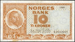 10 kroner 1961, serie Z.0513687. Erstatningsseddel. Pen seddel. 1