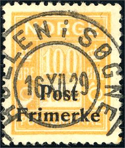 170. 1 kr Provisorie, vakkert stemplet "Høllen i Søgne 16.12.29".