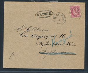 Nk 43 på brev stemplet "KRAGERØ 1-4-1886" til København og sendt i retur. Fine stempler og etikett bak