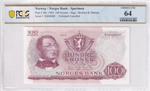 100 kroner 1963 X, speciemen. Choice Unc 64