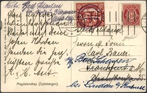 100,Spitsbergen E 8. 10 øre posthorn på postkort, stemplet "Tromsø 8.8.11" og ved siden en 10 øre Spitsbergen-etikett, stemplet "Norddeutsche Dampfer Grosser Kurfürst Lloyd Bremen Polarfahrt 1911".