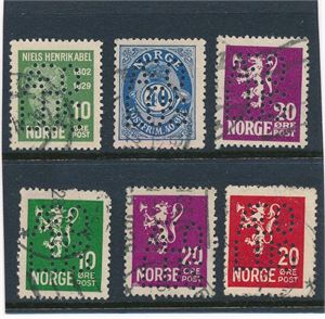 PERFINS "ÆOLUS" på 6 forskjellige Nk numre, 125, 127, 141, 144, 145 og 172