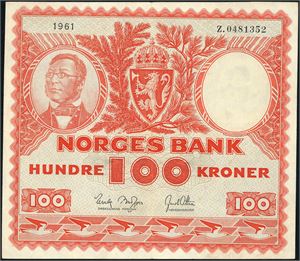 100 kroner 1961, serie Z.0481352. Erstatningsseddel.1-