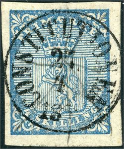 1. 4 skilling 1855, vakkert anert med dampskipsstempel "Constitutionen 27.4.1856" i sort. Gode marger. Attest Enger.