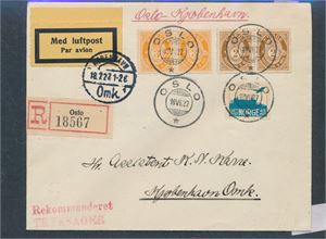 LUFTPOST Nk 97 x2, 98 x2 og 155 på brev stemplet "OSLO 18 VI 1927" til København. Luftpost 1. tur Oslo-København