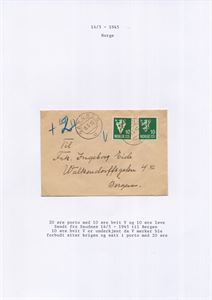 NK 293 og 279 Pent brev med 10ø hvit V og 10ø løve sendt fra Sandnes 14/5-1945 til Bergen.  10ø hvit V er underkjent og brevet er satt i porto med 20ø.