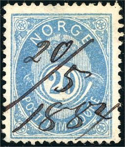 40 IIByY. 20 øre blå med stående vannmerke, anert med håndskrevet dato "20/5 1884".