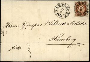 20. 6 skillings porto til Tyskland. 6 skilling Posthorn på konvolutt, stemplet "Sarpsborg 21.4.1876". Baksiden med ankomststempel "Hamburg".
