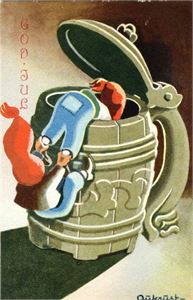 Postkort. Aukrust, Nisser i ølkrus.