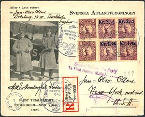 78,97,98. To 5 kr Gustaf V i medaljong, to Kr 1,98- og to Kr 2,12 Provisoier på konvolutt, stemplet "Stockholm New York 1929 Luftpost" og ved siden stemplet "Stockholm 7.6.29" og sendt rekommandert med luftpost til U.S.A. Tre svenske merker samt ankomststempel på baksiden. Brevinnholdet er en liten hilsen som omhandler flyturen.
