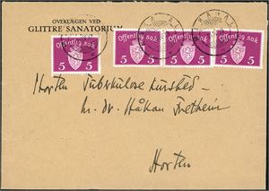 T 40. Fire 5 øre Off Sak på konvolutt, annullert med hjelpestempel "Hakadal 24.4.39" (AK).